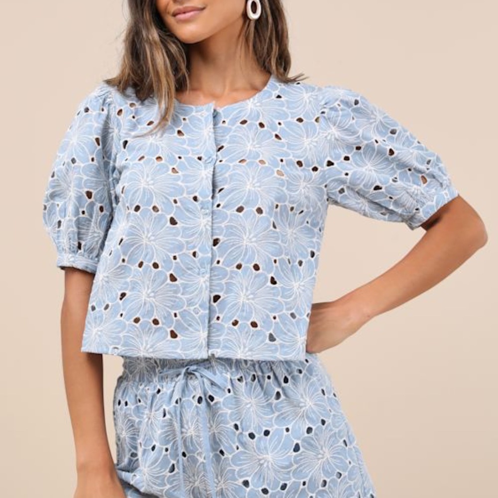 Lulus Aminta Blue Eyelet Embroidered Puff Sleeve Top - Size S